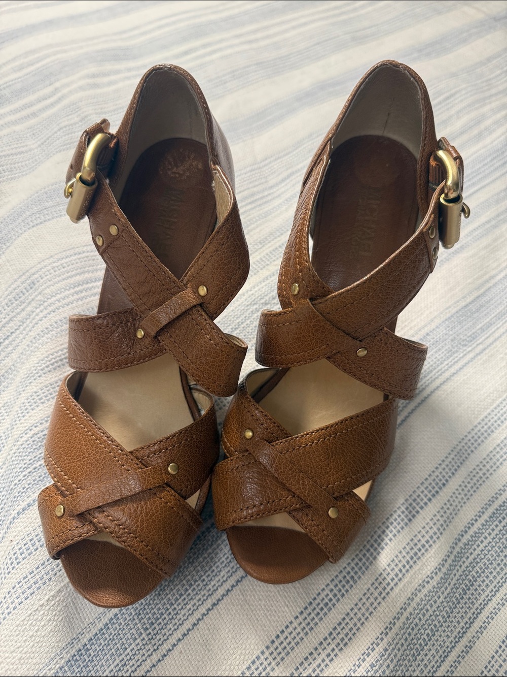 MICHAEL Michael Kors Brown Leather Strappy Platform Heels Size 8.5 - Picture 2 of 12